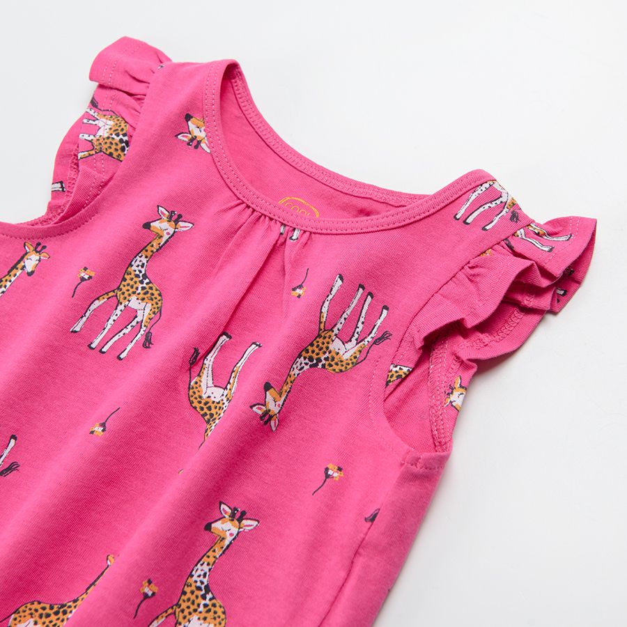 Fuchsia sleeveless blouse with ruffle and giraffe print