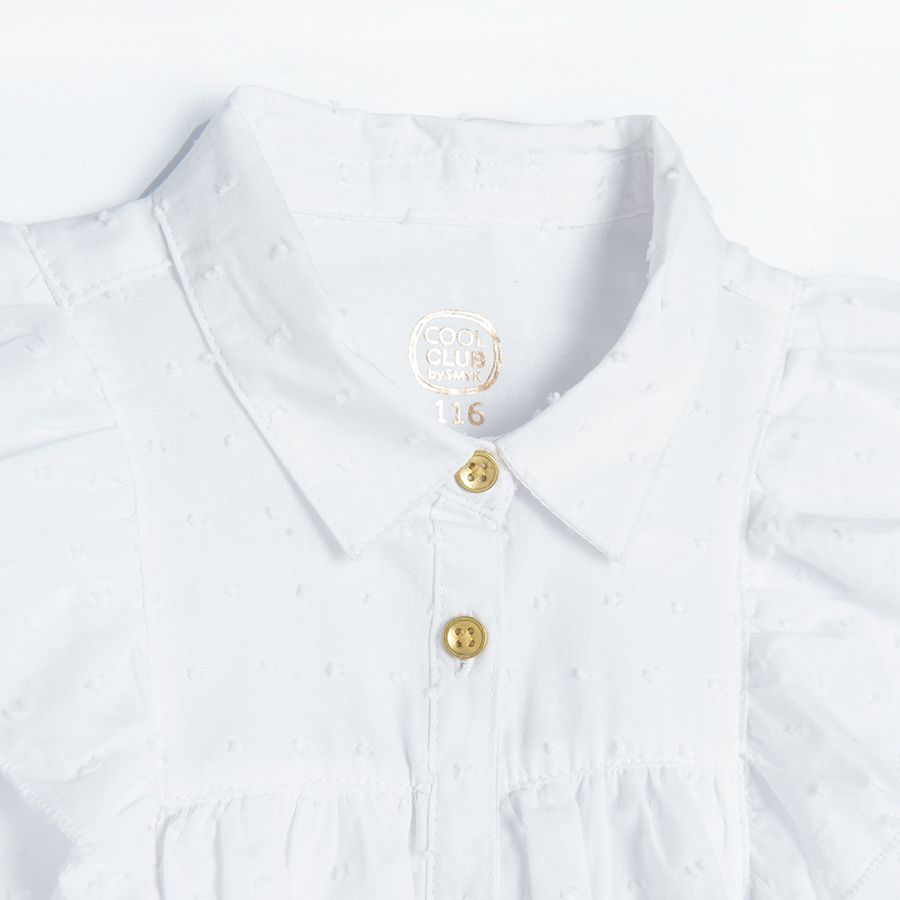 White long sleeve button down shirt with ruffle