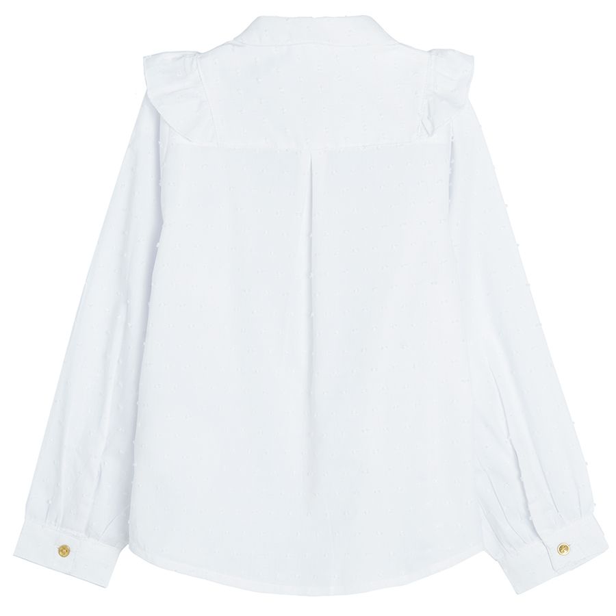 White long sleeve button down shirt with ruffle