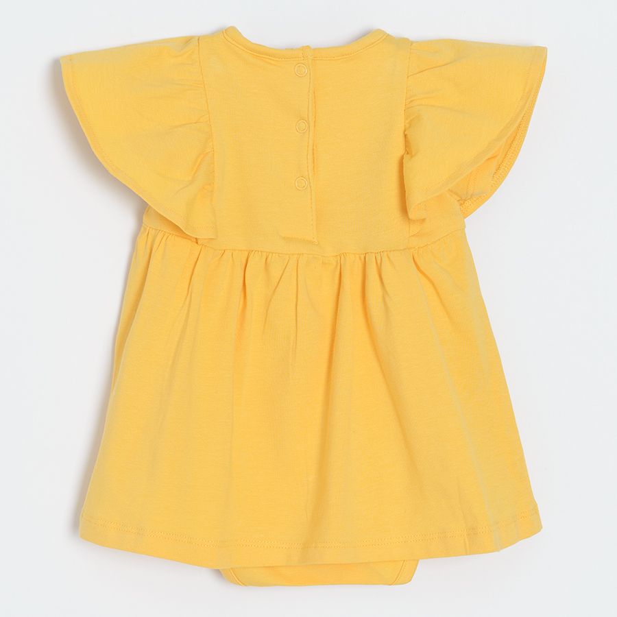 Yellow sleeveless dress/bodysuit with ruffle on the shoulder and embroidered top