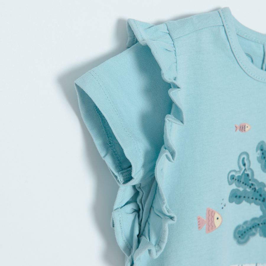 Light blue short sleeve T-shirt with sea world print and ruffles in the side