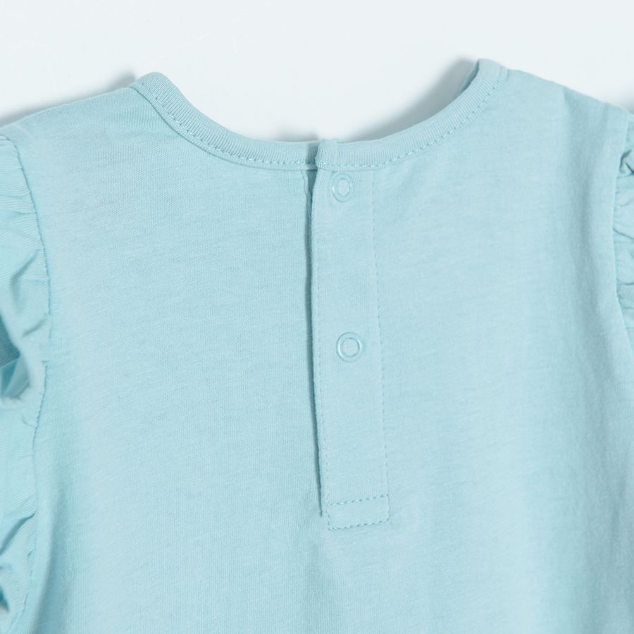 Light blue short sleeve T-shirt with sea world print and ruffles in the side