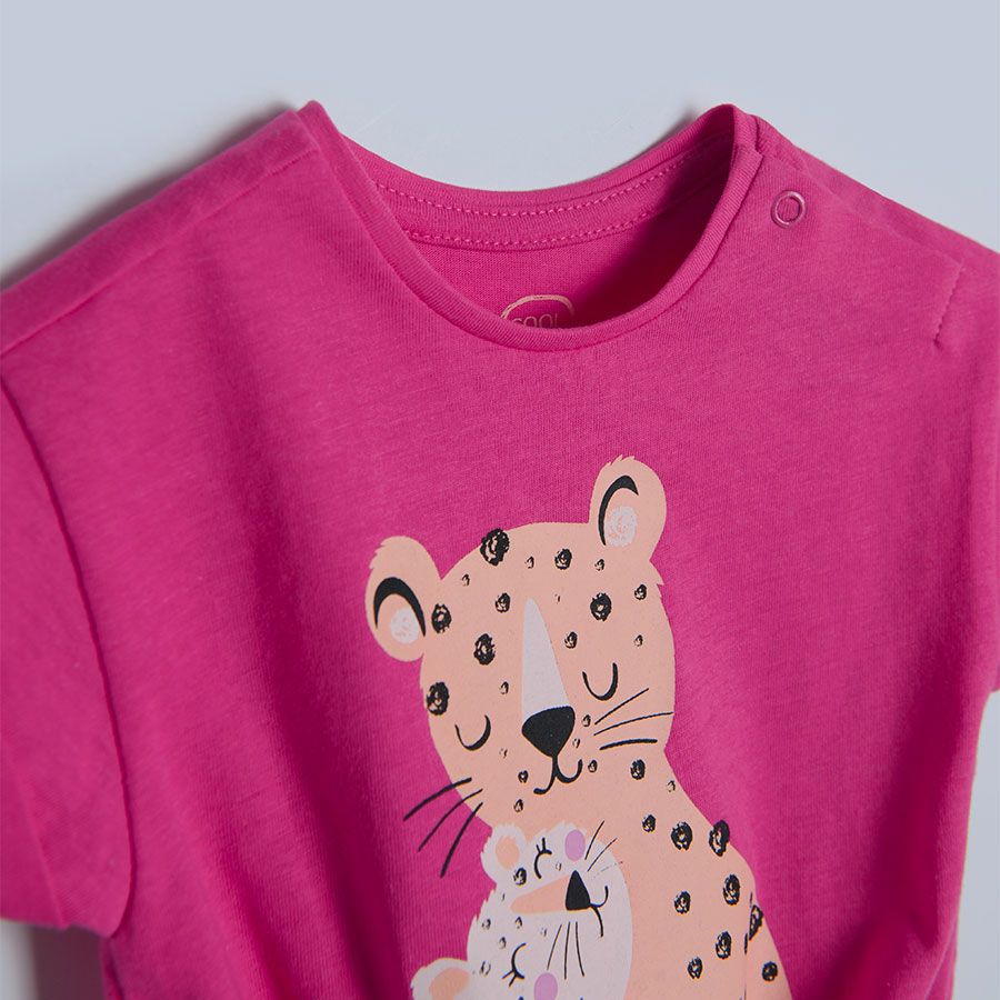 Fucshia short sleeve T-shirt mommy baby tiger print and knot on the front