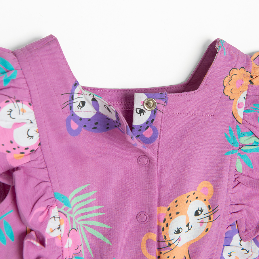 Lilac romper with small monkeys and cheetas print