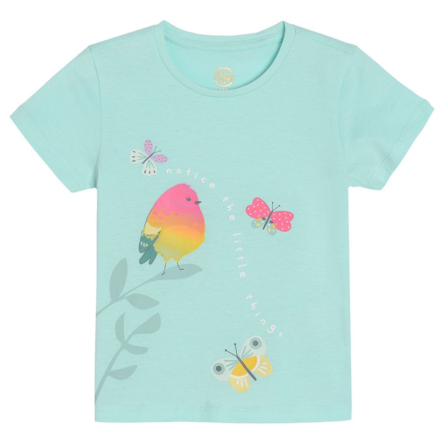 Turquoise short sleeve T-shirt with bird and butterflies print