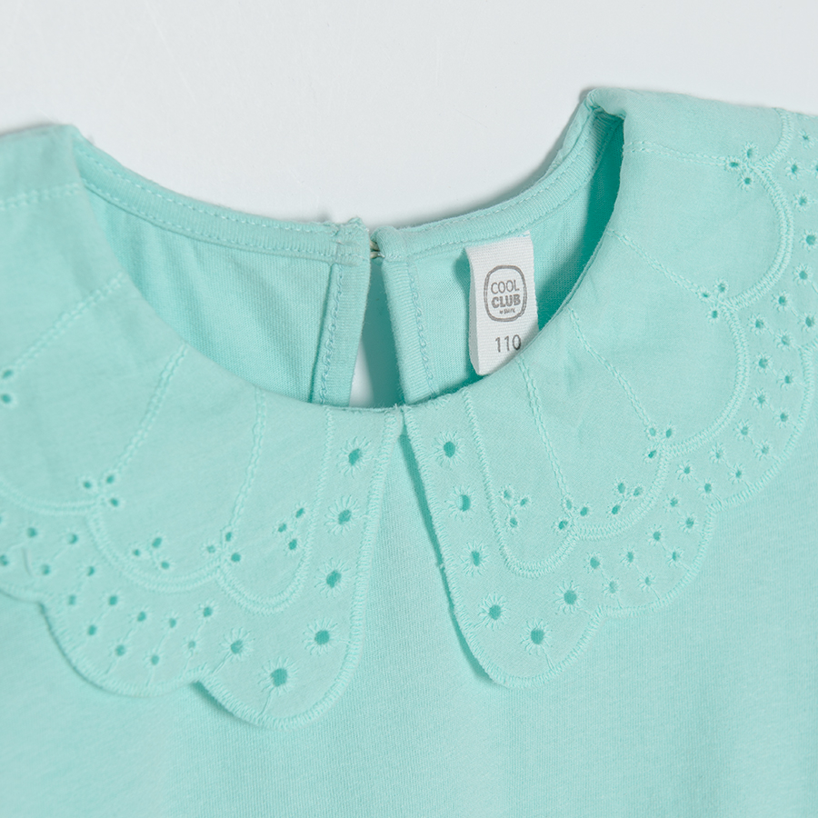 Turquoise short sleeve blouse with embroidered collar