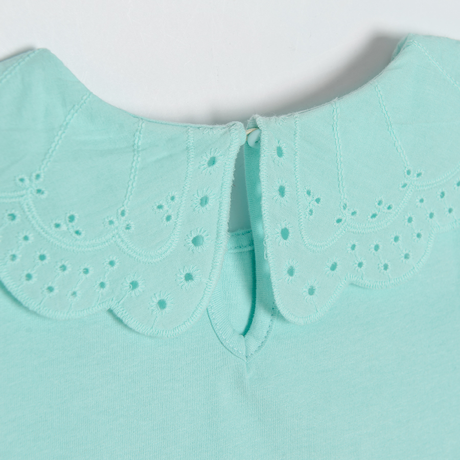 Turquoise short sleeve blouse with embroidered collar