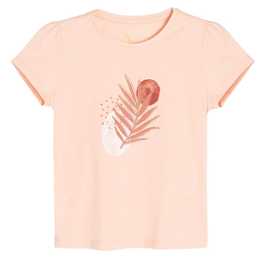 Pink short sleeve T-shirt with leaf print