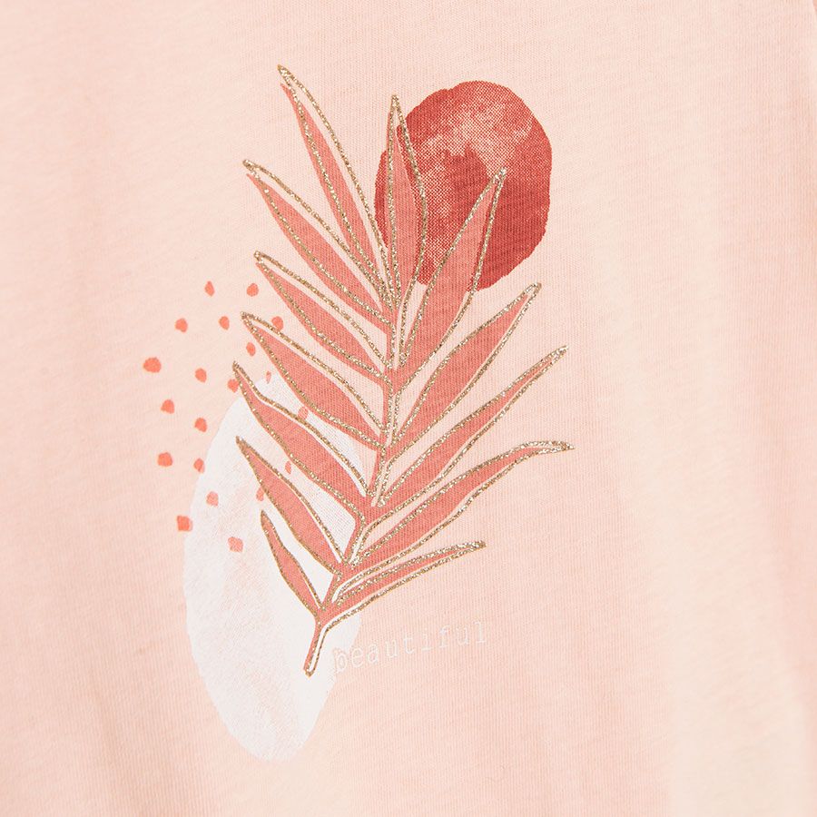 Pink short sleeve T-shirt with leaf print