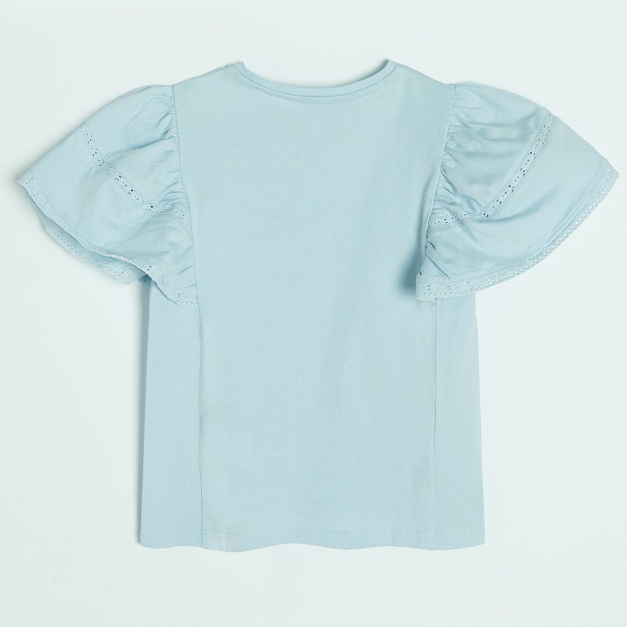 Blue short sleeve T-shirt with ruffles on the sleeves