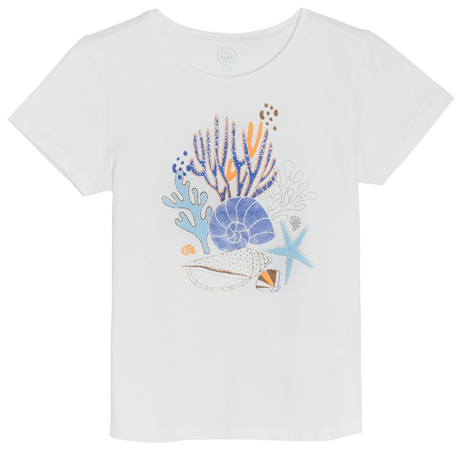 White short sleeve T-shirt with sea world print and blue trousers with white prints set