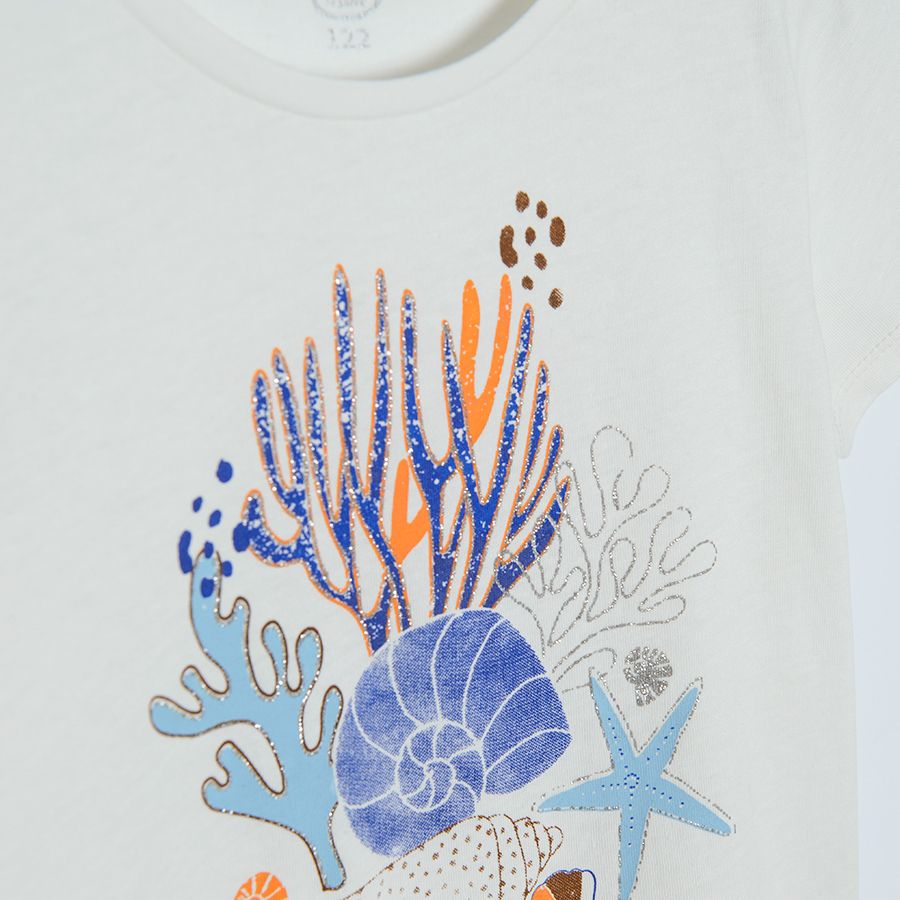 White short sleeve T-shirt with sea world print and blue trousers with white prints set