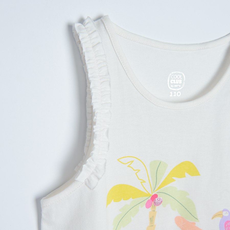 White sleeveless T-shirt with truck parrot palm tree print