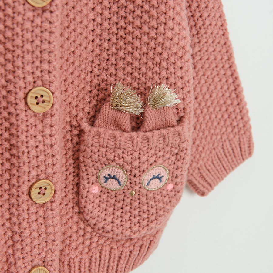 Dark pink cardigan with kittens on the side pocket