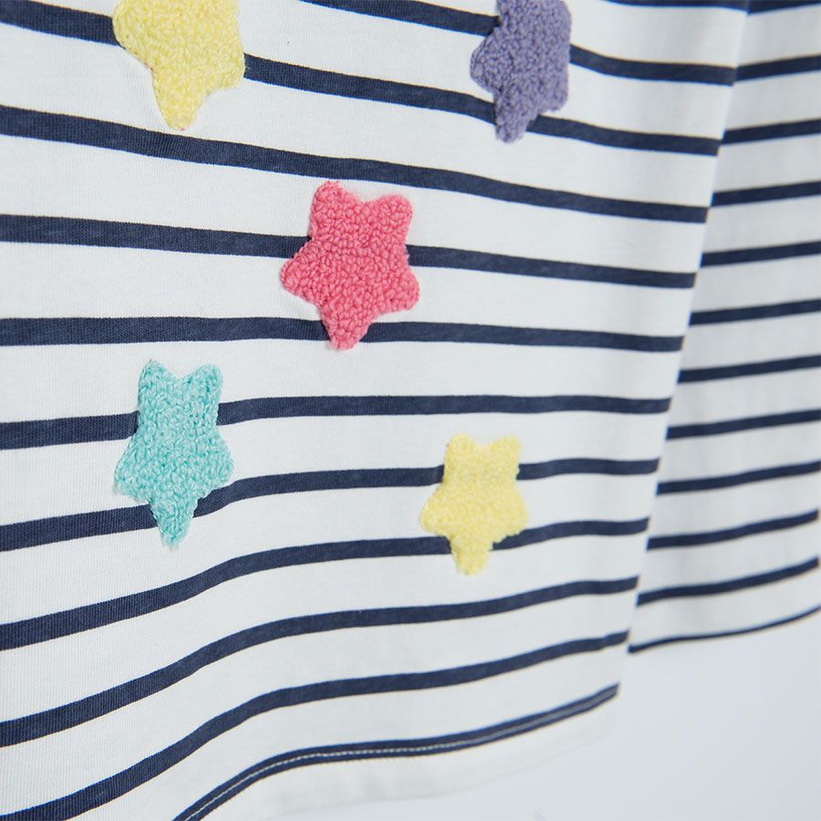 White and blue long sleeve stipes blouse with colorful stars