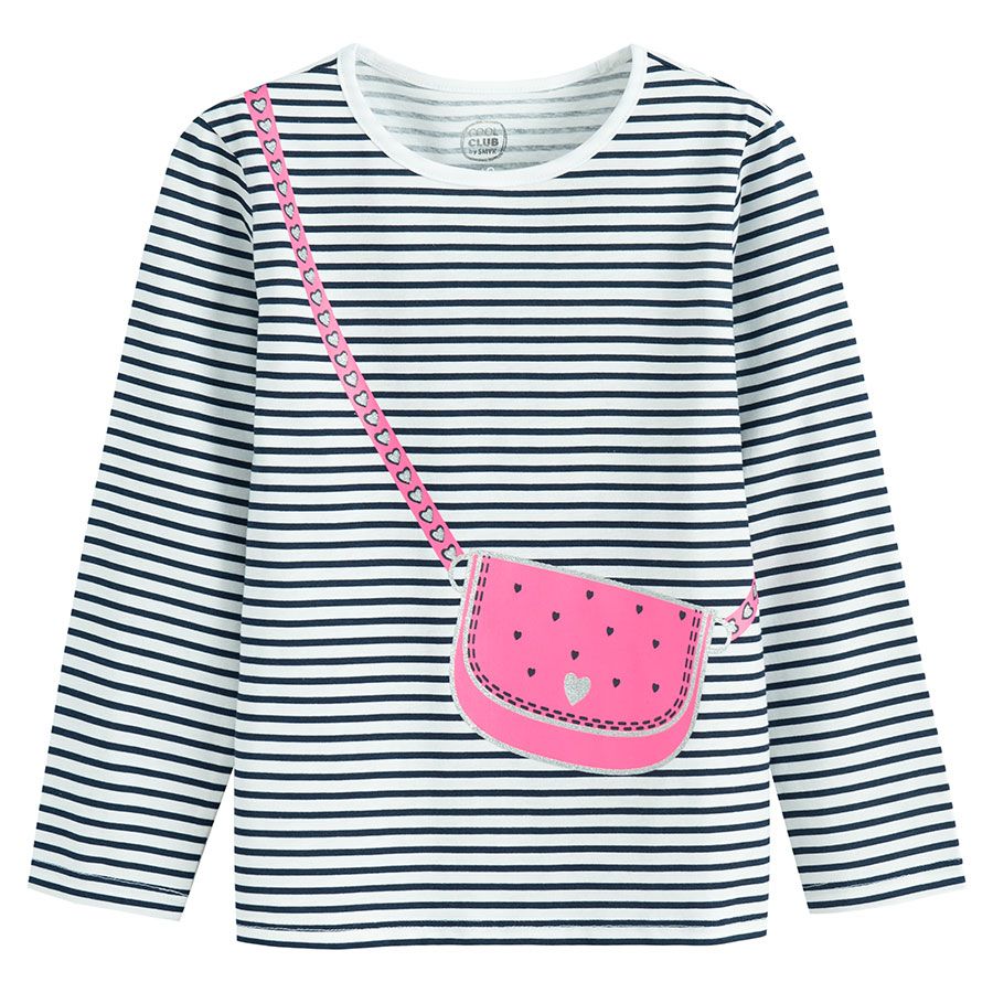 Black and white stripes long sleeve bluse with pink cross body bag print