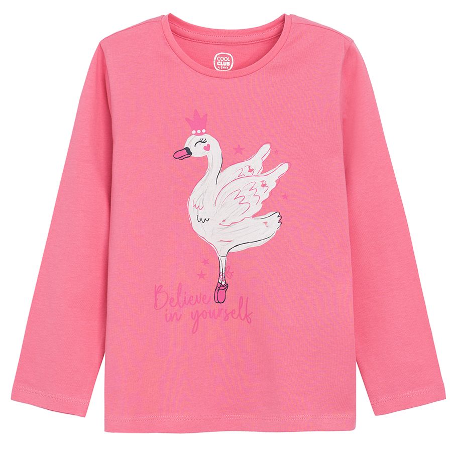 Pink with a swan print long sleeve blouse