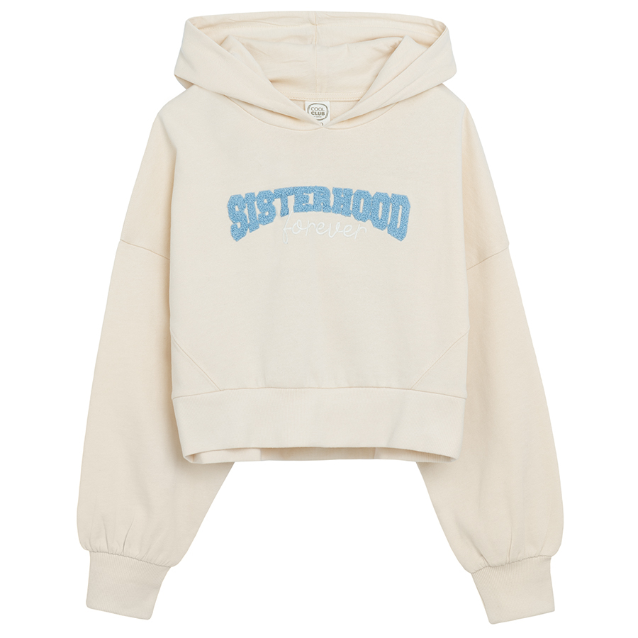 White hooded sweatshirt with 'SISTERHOOD' print