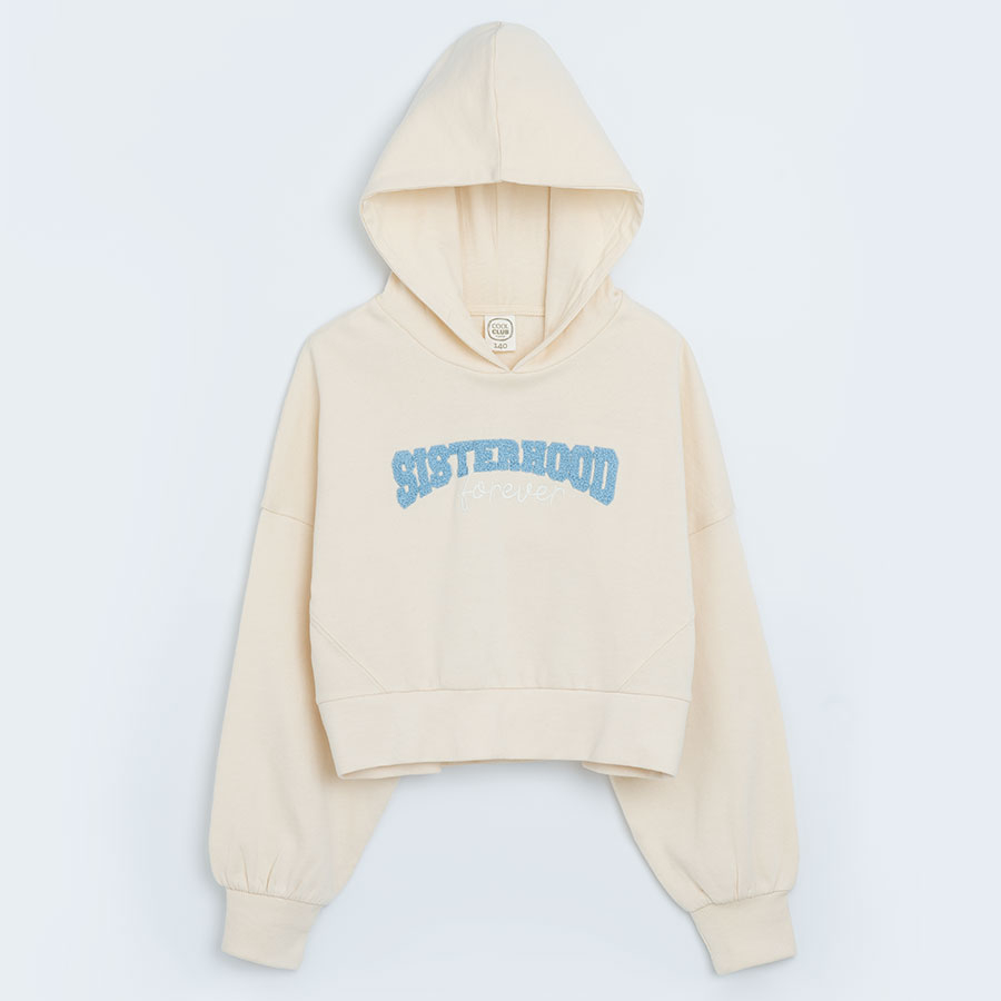 White hooded sweatshirt with 'SISTERHOOD' print