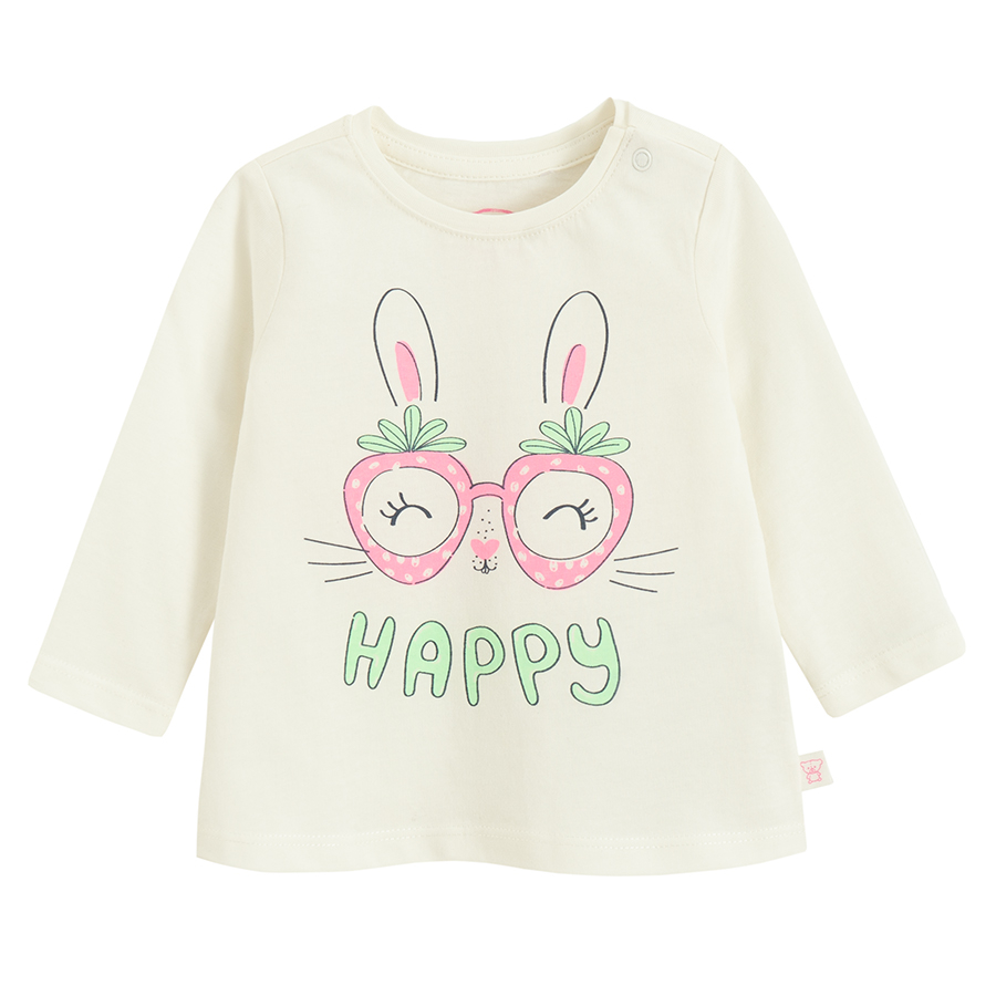 White long sleeve blouse with bunny with glasses and HAPPY print