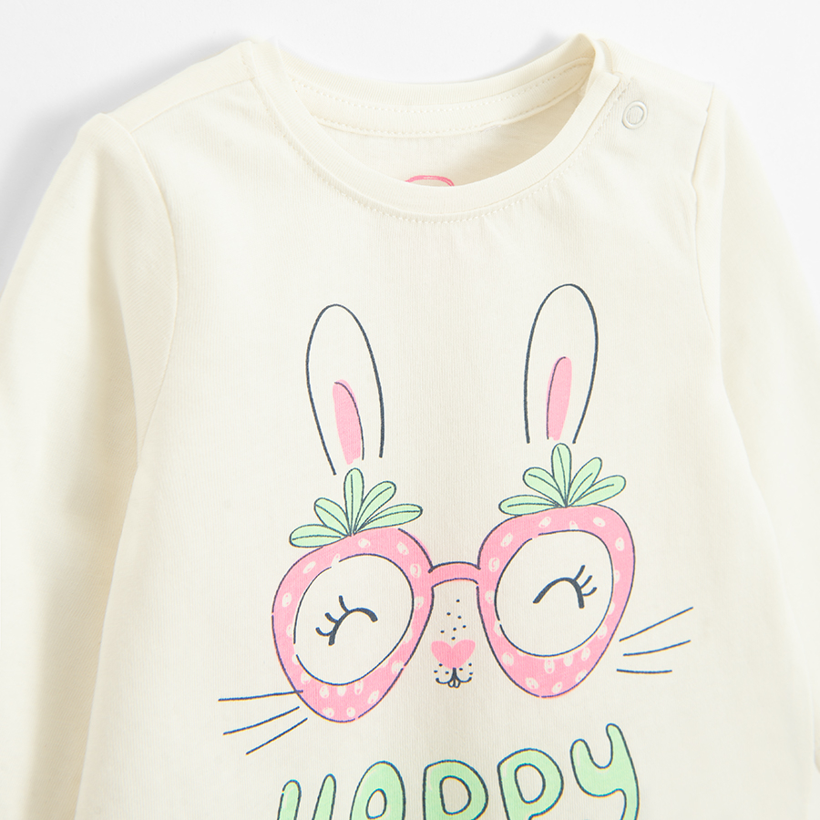 White long sleeve blouse with bunny with glasses and HAPPY print