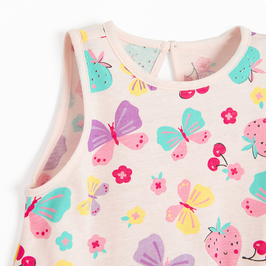 Pink sleeveless dress with strawberries, cherries and butterflies prints