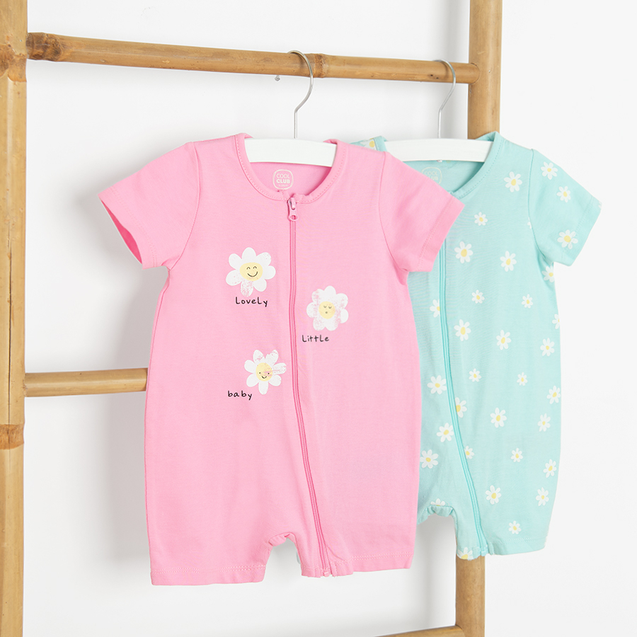 Pink and light turquoise short sleeve rompers with daidies print- 2 pack