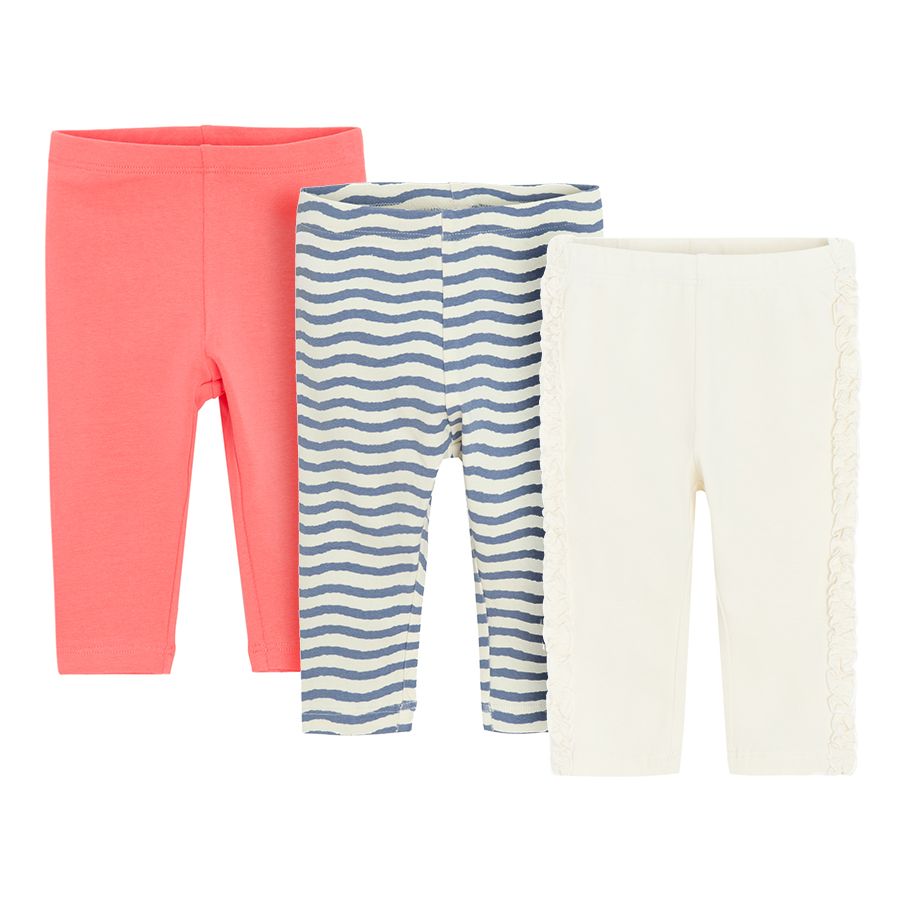 Peach, striped and cream leggings- 3 pack