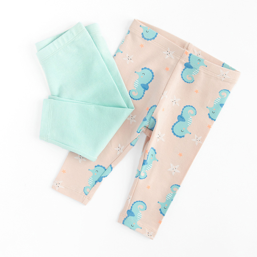 Light pink and light turquoise leggings with sea world print- 2 pack