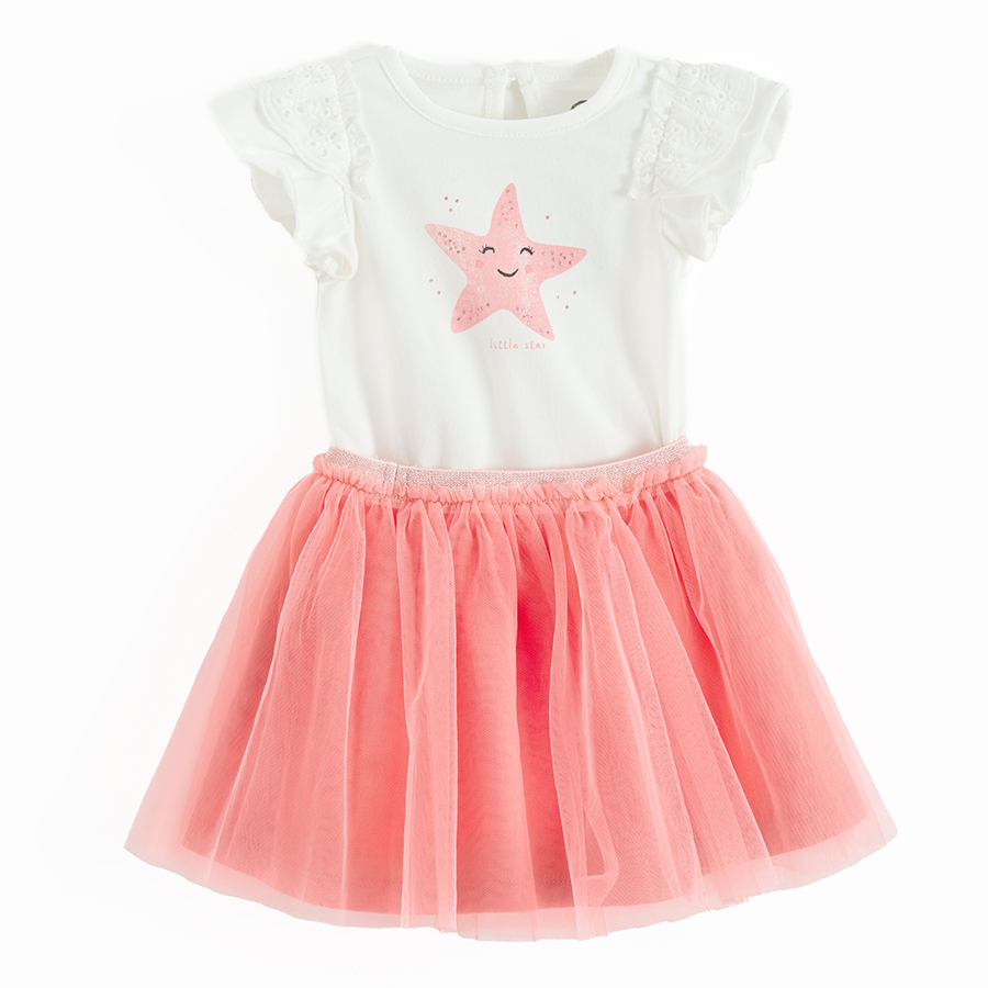 White T-shirt with starfish print and coral tute skirt- 2 pieces