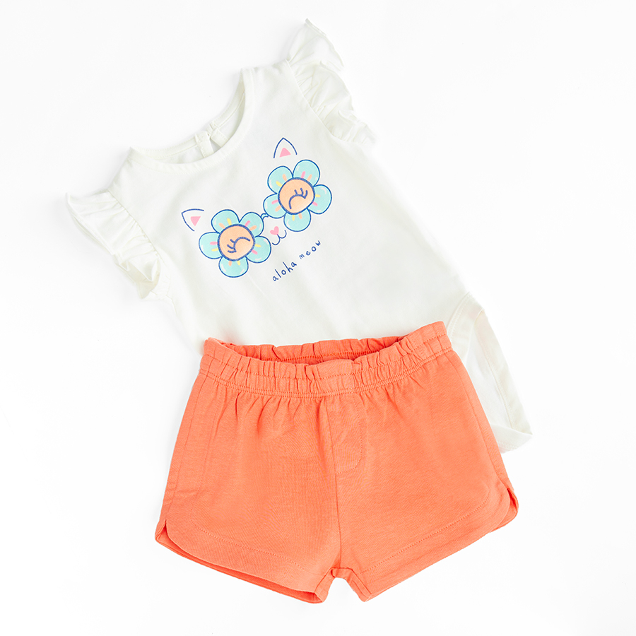 White sleeveless bodysuit with kitten with glasses print and orange shorts