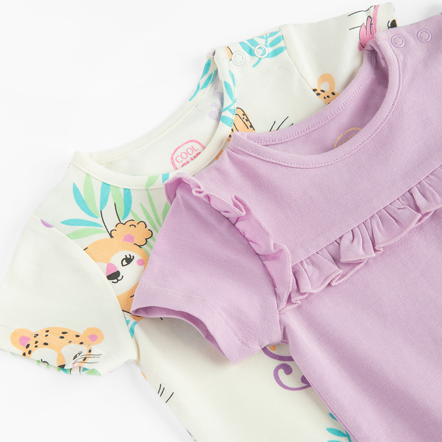 Lilac with ruffles and cream short sleeve bodysuits with small moneys and cheetas print