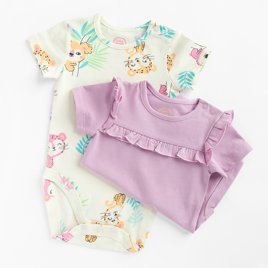 Lilac with ruffles and cream short sleeve bodysuits with small moneys and cheetas print