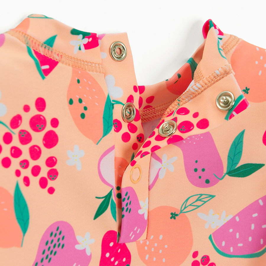 Two piece- swimsuit, short sleeve top and bottom with summer fruit print