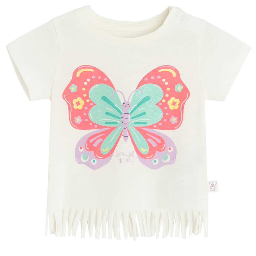 White T-shirt with butterly print and fringes