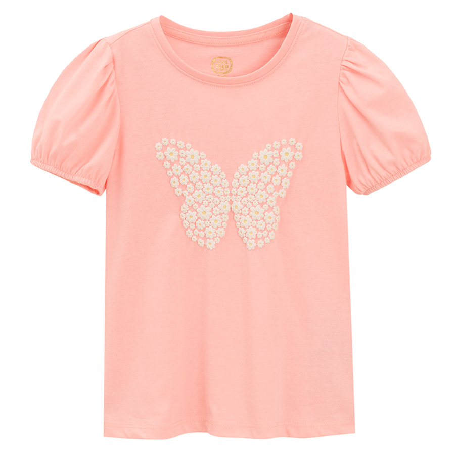 Pink short sleeve blouse with puffy sleeves and butterfly print