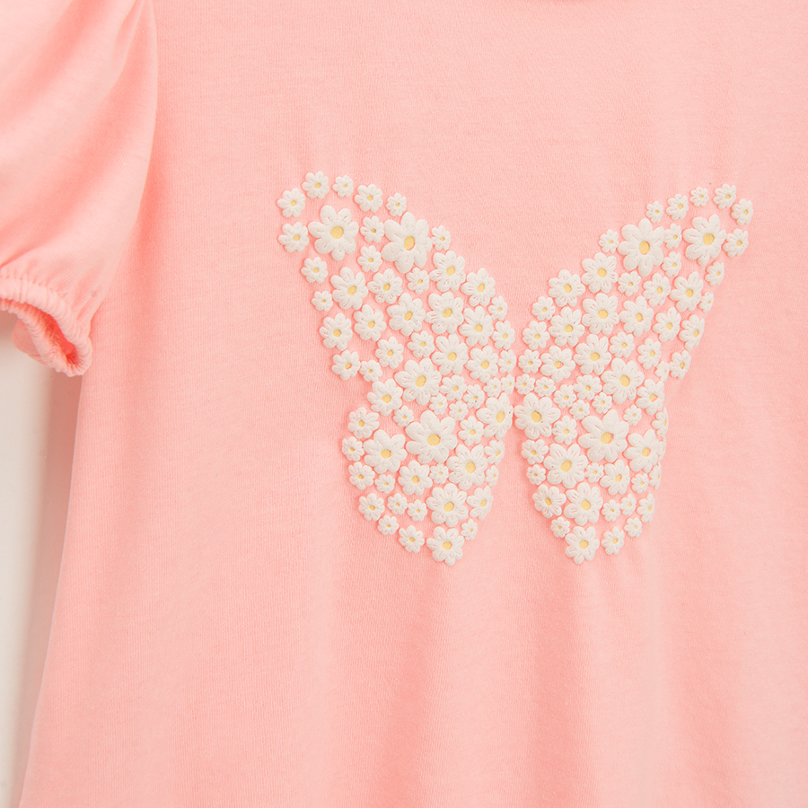 Pink short sleeve blouse with puffy sleeves and butterfly print