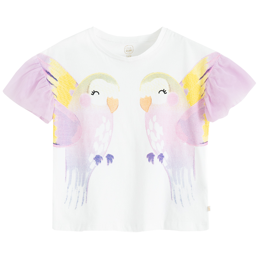 White T-shirt with parrots and purple skirt with ruffles- 2 pieces