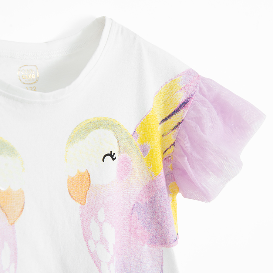 White T-shirt with parrots and purple skirt with ruffles- 2 pieces