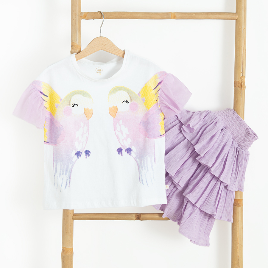 White T-shirt with parrots and purple skirt with ruffles- 2 pieces