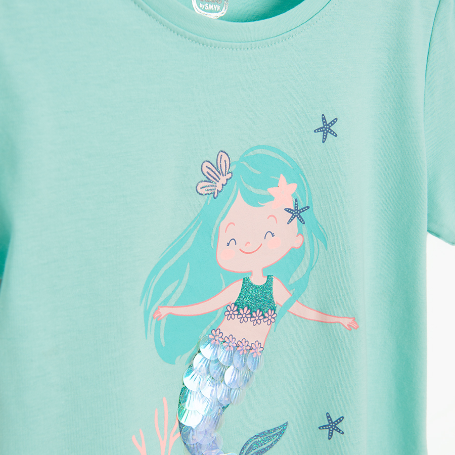 Turquose and peach T-shirts with mermaids print and peach T-shirt- 3 pack