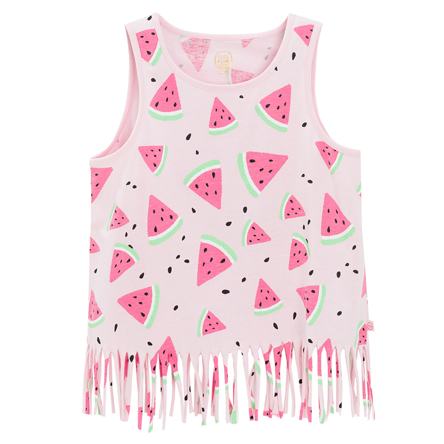 Floral sleeveless T-shirt with fringes