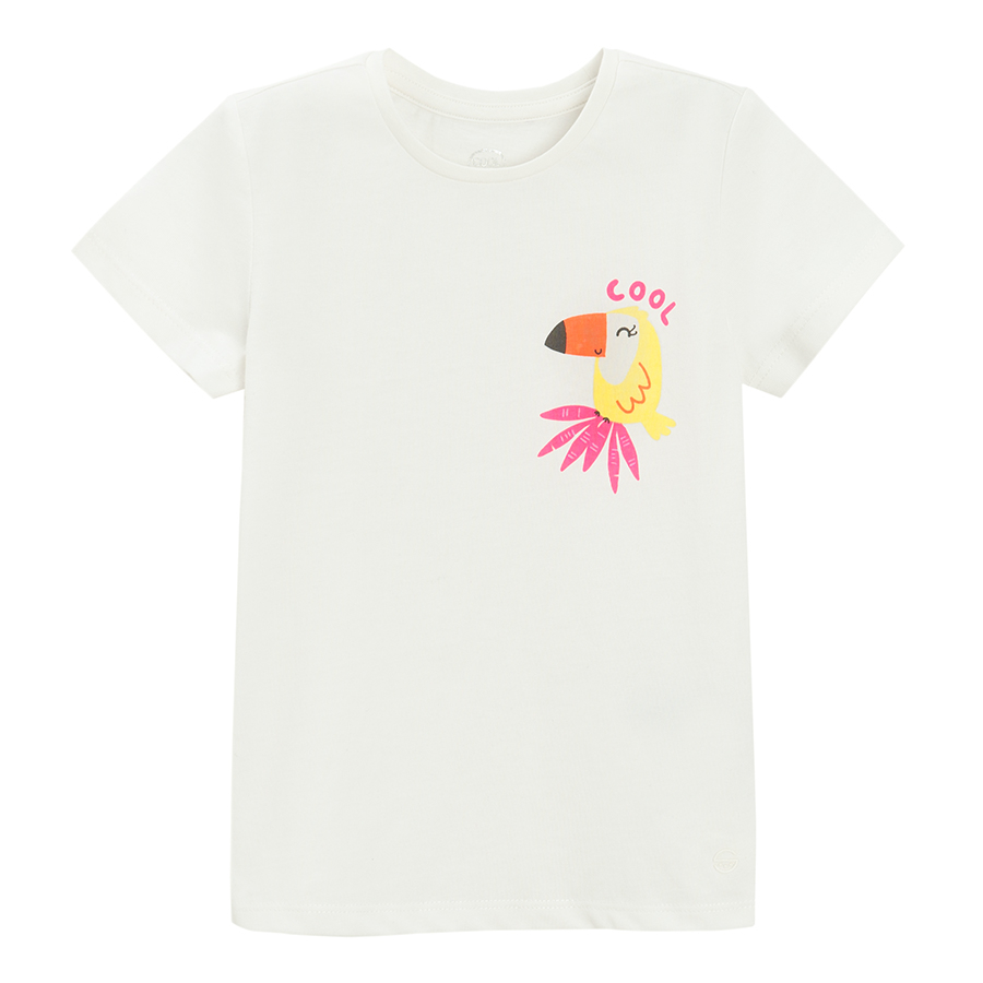 White with parrot, purple with girl and parrot and floral T-shirts - 3 pack