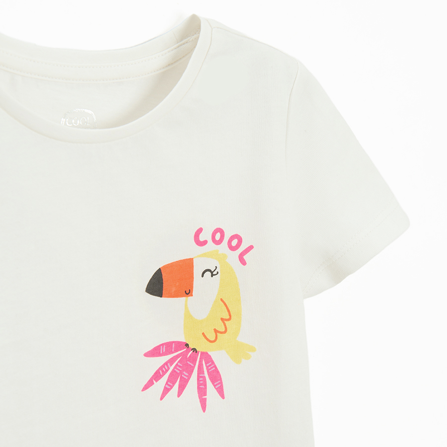 White with parrot, purple with girl and parrot and floral T-shirts - 3 pack