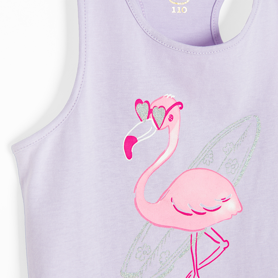 Violet sleeveless T-shirt with flamingo print