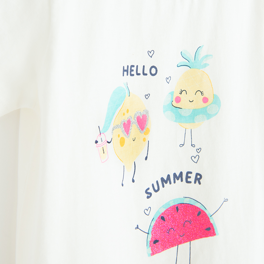 White T-shirt with fuit in sunglasses Hello Summer print