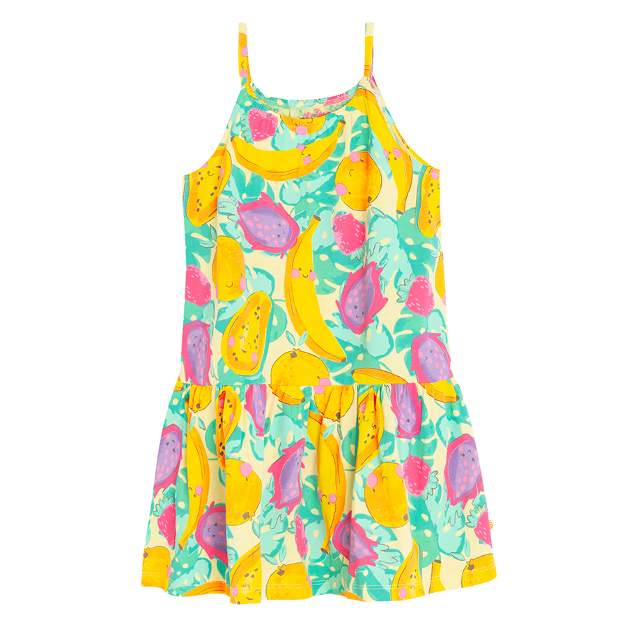 Yellow sleeveless dress with fruit print