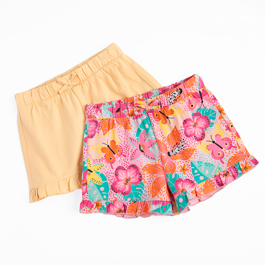 Orange and pink flowers and butterflies print shorts with ruffles- 2 pack