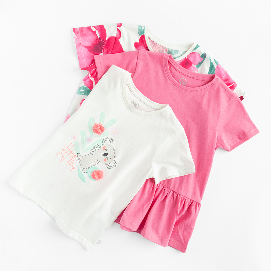 White and pink T-shirts with flowers and animal print- 3 pack