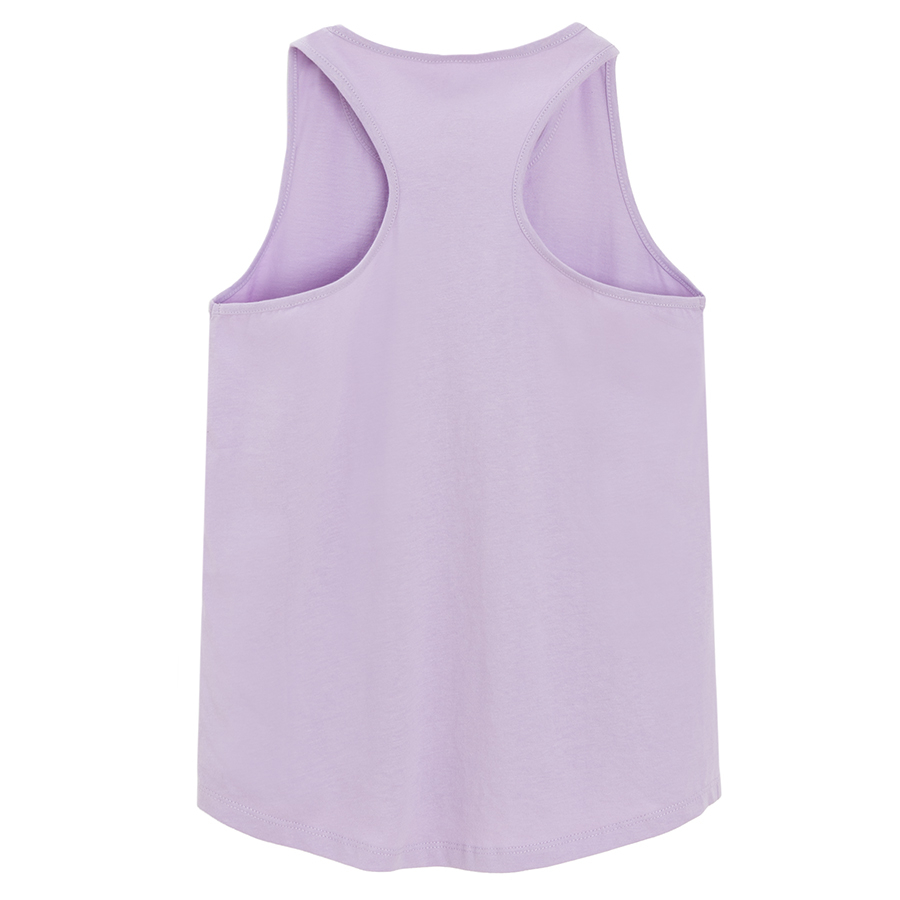 Purple sleeveless T-shirt with exotic fruit print